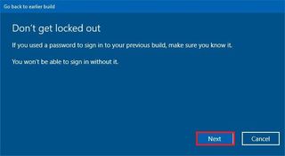 Roll back password warning on Windows 10