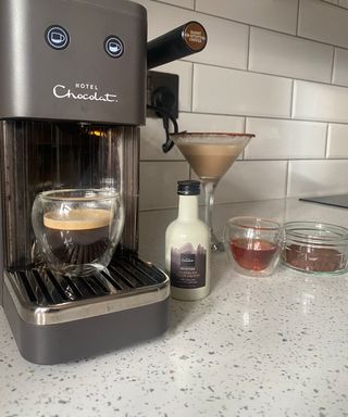 Making a Hotel Chocolat Mocha Soother using espresso, Velvetised Chocolate Cream and golden rum