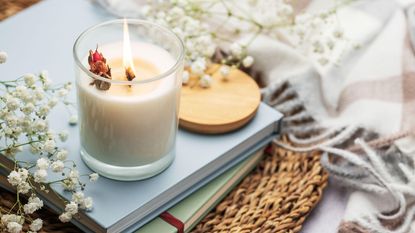 how to make soy candles Aromatic soy candle on the table with notebooks and blanket Alamy 2WD6KFR