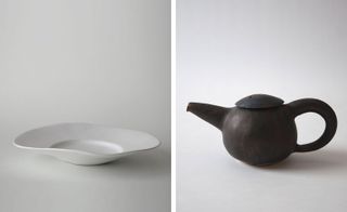 Left: a wabi-sabi plate by Masanobu Ando. Right: a hand-potted tea kettle by Keisuke Iwata