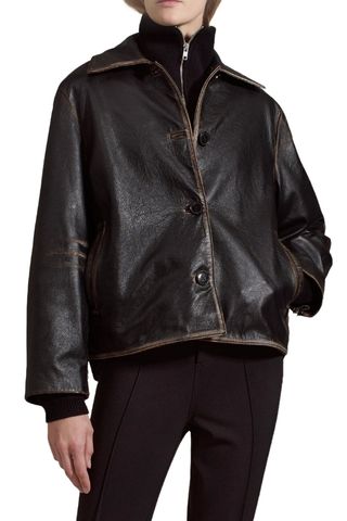 Remi Cropped Jacket in Black Distressed Leather