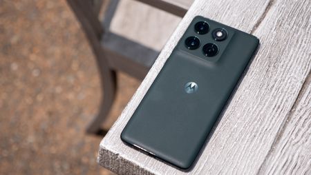 The vegan leather back of the forest green Motorola Edge 2025 