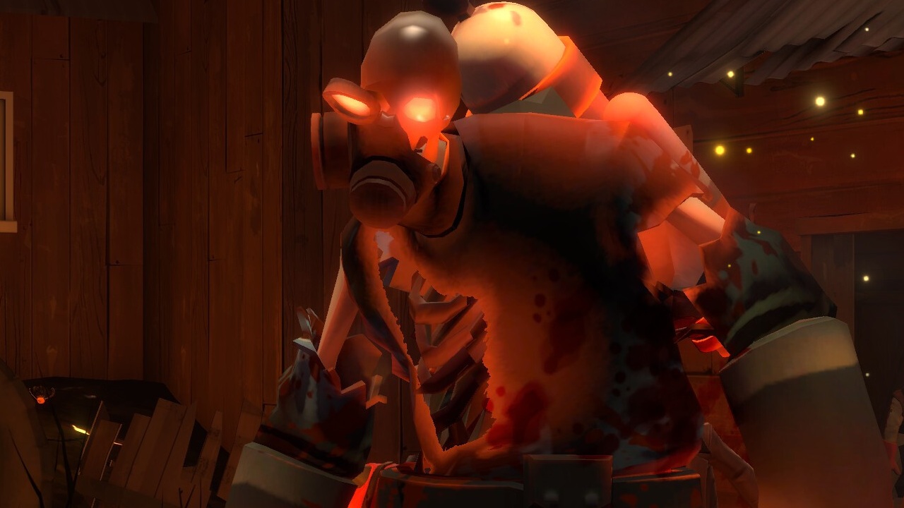 TF2 pyro zombified and glowing red, looking at camera.