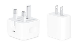 Apple 20W power adapter in UK and US variants, on white background