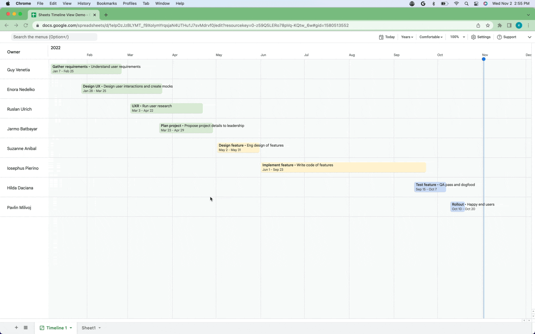 نمای جدول زمانی Google Sheets