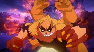 Yaoling: Mythical Journey trailer screenshot showing a large orange bear/lion-like creature with four arms charging forward, its teeth showing