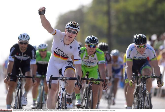 German champion Andre Greipel (Lotto Belisol) celebrates victory in stage 1 at the Tour of Oman