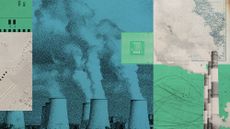 Photo collage of smokestacks spewing pollution into the air, a map of England and Wales, and computer circuitry