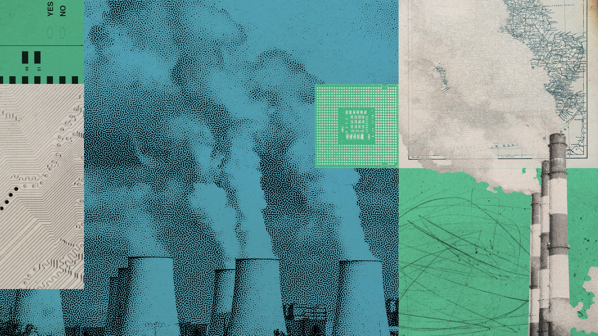 Photo collage of smokestacks spewing pollution into the air, a map of England and Wales, and computer circuitry