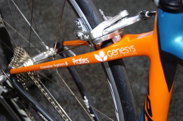 The Oppy C7 Team frameset is identical to the team bikes and includes the squad's sponsors on the seat stays.