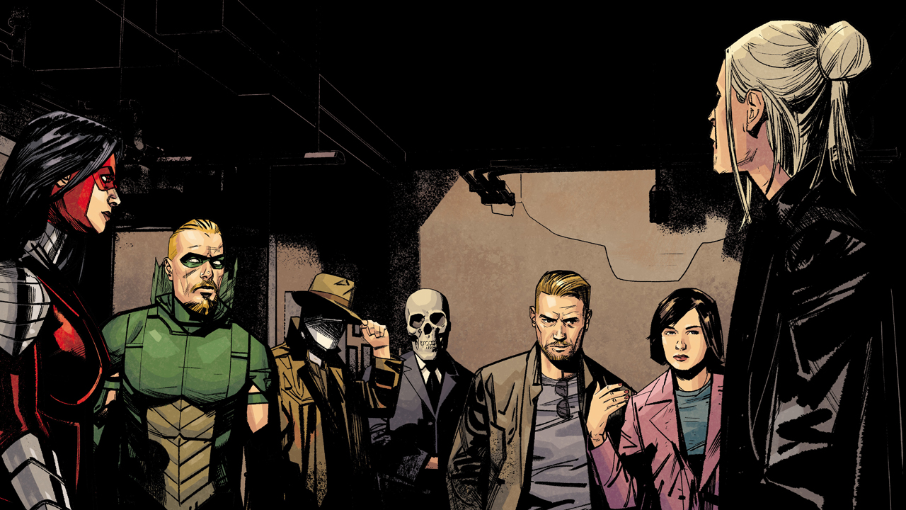 A screenshot from a DC comic book panel of the Checkmate team