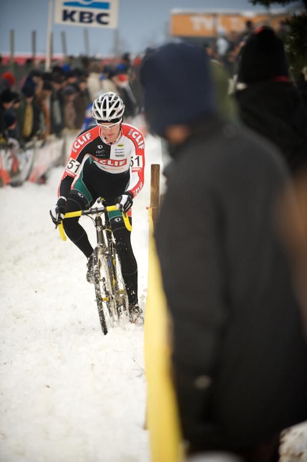 Mitch Hoke keeps the wheels spinning through the snow at Zolder