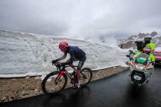 Overall leader Team Ineos rider Colombias Egan Bernal rides in the final ascent during the 16th stage of the Giro dItalia