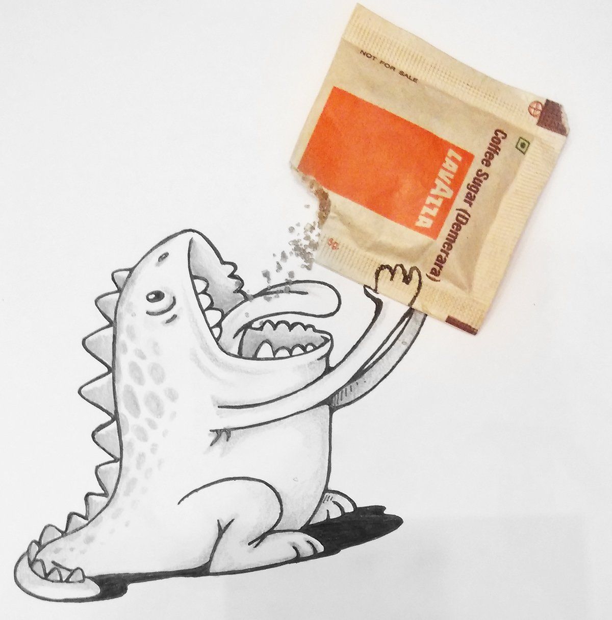 This illustration starts to come off the page as the monster handles the sugar packet