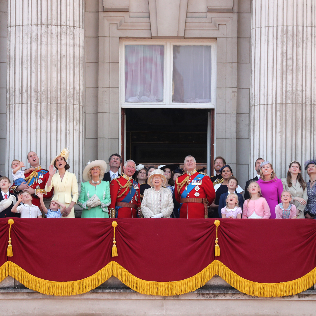 A large group of members of the Royal Family on the Buckingham Palace balcony at Trooping the Colour 2019
