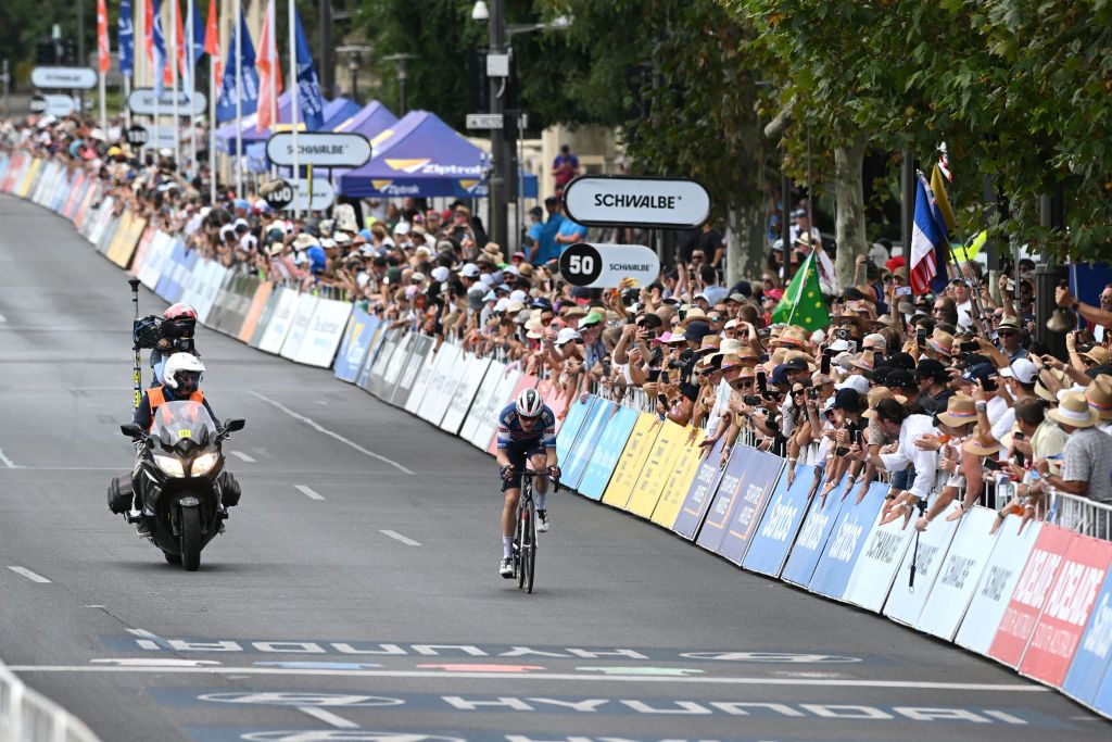 ADELAIDE AUSTRALIA JANUARY 26 Casper Pedersen of Denmark and Team Soudal QuickStep competes in the breakaway during the 25th Santos Tour Down Under 2025 Stage 6 a 90km stage from Adelaide to Adelaide UCIWT on January 26 2025 in Adelaide Australia Photo by Dario BelingheriGetty Images