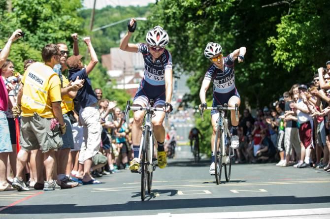 Claudia H&auml;usler (TIBCO) takes the win with teammate Joanne Kiesanowski in second.