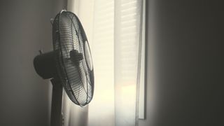 Electric fan in front of a window