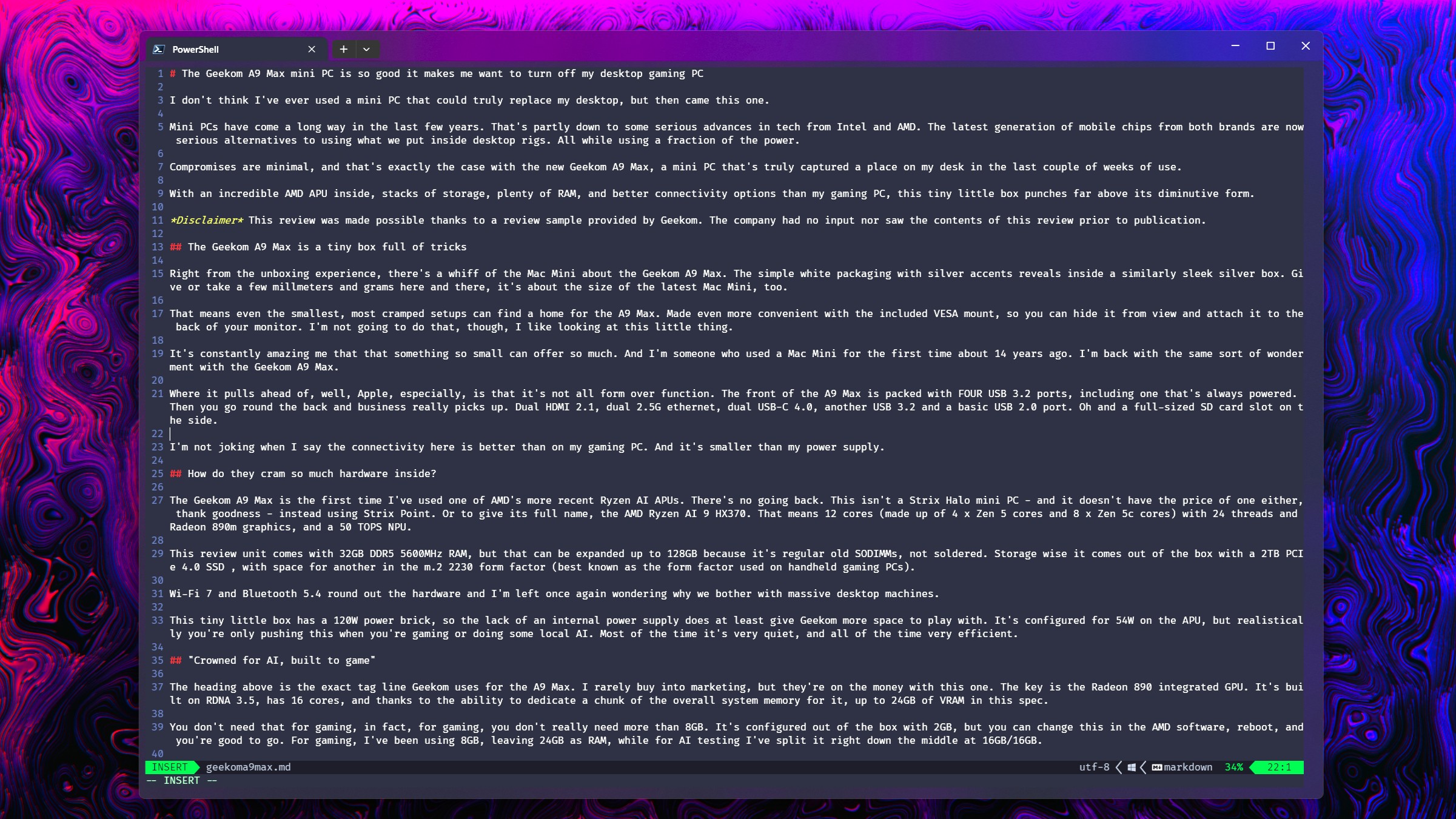 Writing a post using Neovim inside Windows Terminal on Windows 11.