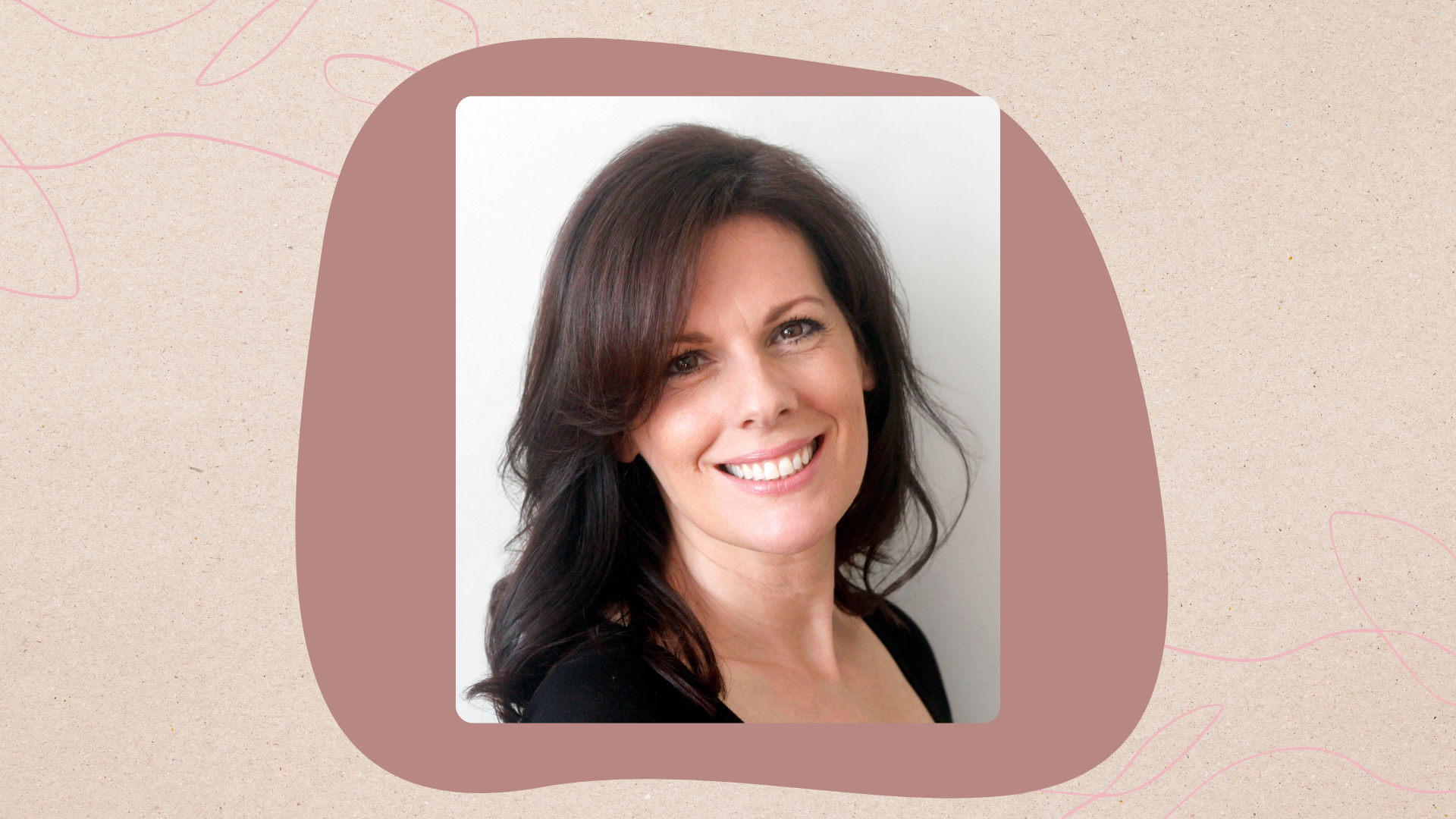 Image of aesthetician Pamela against a dark pink abstract shape on a beige background with two pink single line illustrations