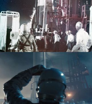 Then and now: NASA astronaut Alan Shepard (at top) arrives at the base of his Mercury-Redstone 3 rocket on May 5, 1961; Actor Jake McDorman, portraying Shepard (at bottom), recreates the scene in National Geographic's "The Right Stuff."
