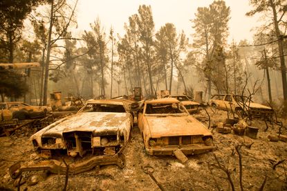 Vintage cars line a property after the Loma fire burned through Loma Chiquita Road near Morgan Hill, California, on Wednesday, Sept. 28, 2016. 