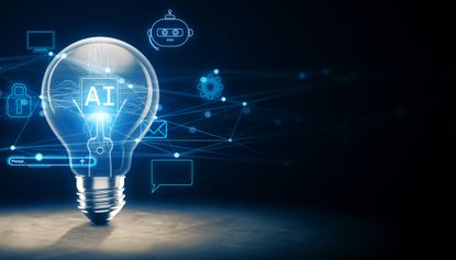 The word "AI" lit up inside a lightbulb with various icons surrounding it including one for email and robots