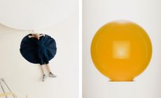 Left: Portrait of Helen Pashgian in her Pasadena studio. Right: Untitled, 2021, cast urethane with artist-made acrylic pedestal