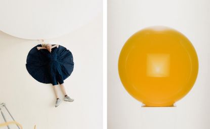 Left: Portrait of Helen Pashgian in her Pasadena studio. Right: Untitled, 2021, cast urethane with artist-made acrylic pedestal