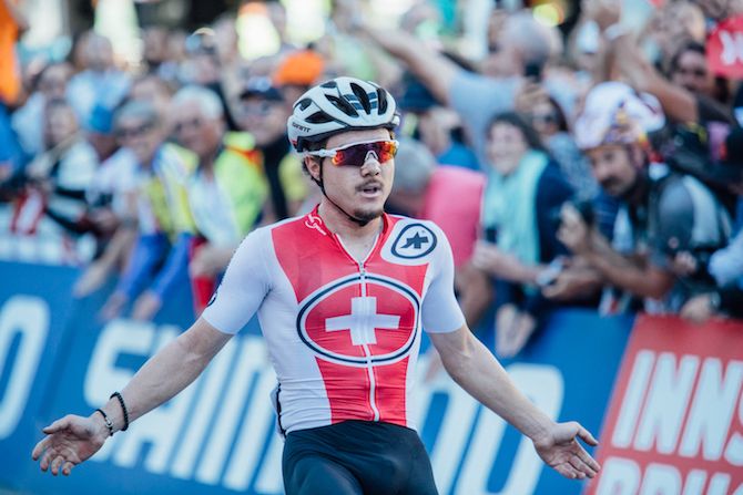 Marc Hirschi (Switzerland) crosses the finish line in the Under 23 Mens Road Race