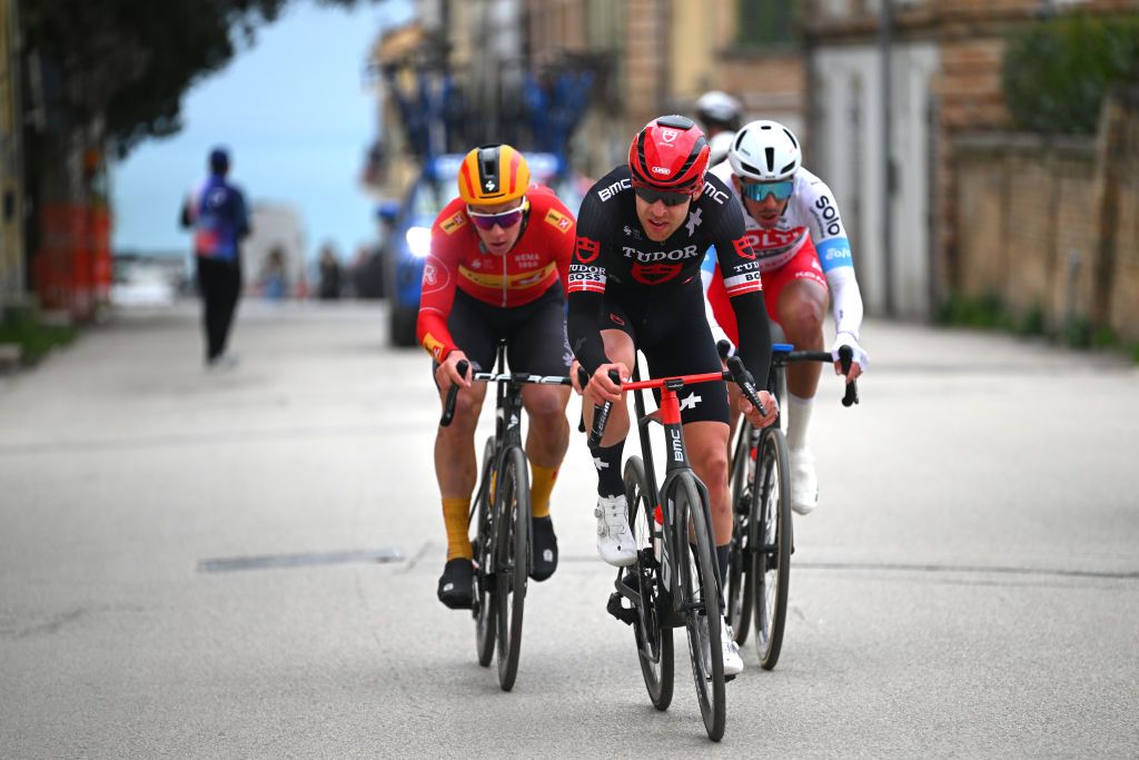 GIULIANOVA ITALY MARCH 07 LR Jonas Abrahamsen of Norway and Team UnoX Mobility Alexander Kamp of Denmark and Team Tudor Pro Cycling and Mirco Maestri of Italy and Team PoltiKometa compete in the breakaway during the the 59th TirrenoAdriatico 2024 Stage 4 a 207km stage from Arrone to Giulianova UCIWT on March 07 2024 in Giulianova Italy Photo by Tim de WaeleGetty Images