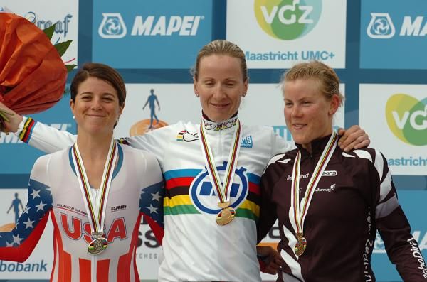 Judith Arndt (Germany) the repeat world champion, with Evelyn Stevens (USA) and Linda Villumsen (New Zealand) silver and bronze medalists