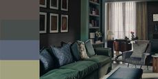 winter color palette in a modern living room, color-drenched in dark green with dark green velvet sofa, dark blue cushions and ottoman, dark-colored sheer curtains, an armchair with a patterned cushion