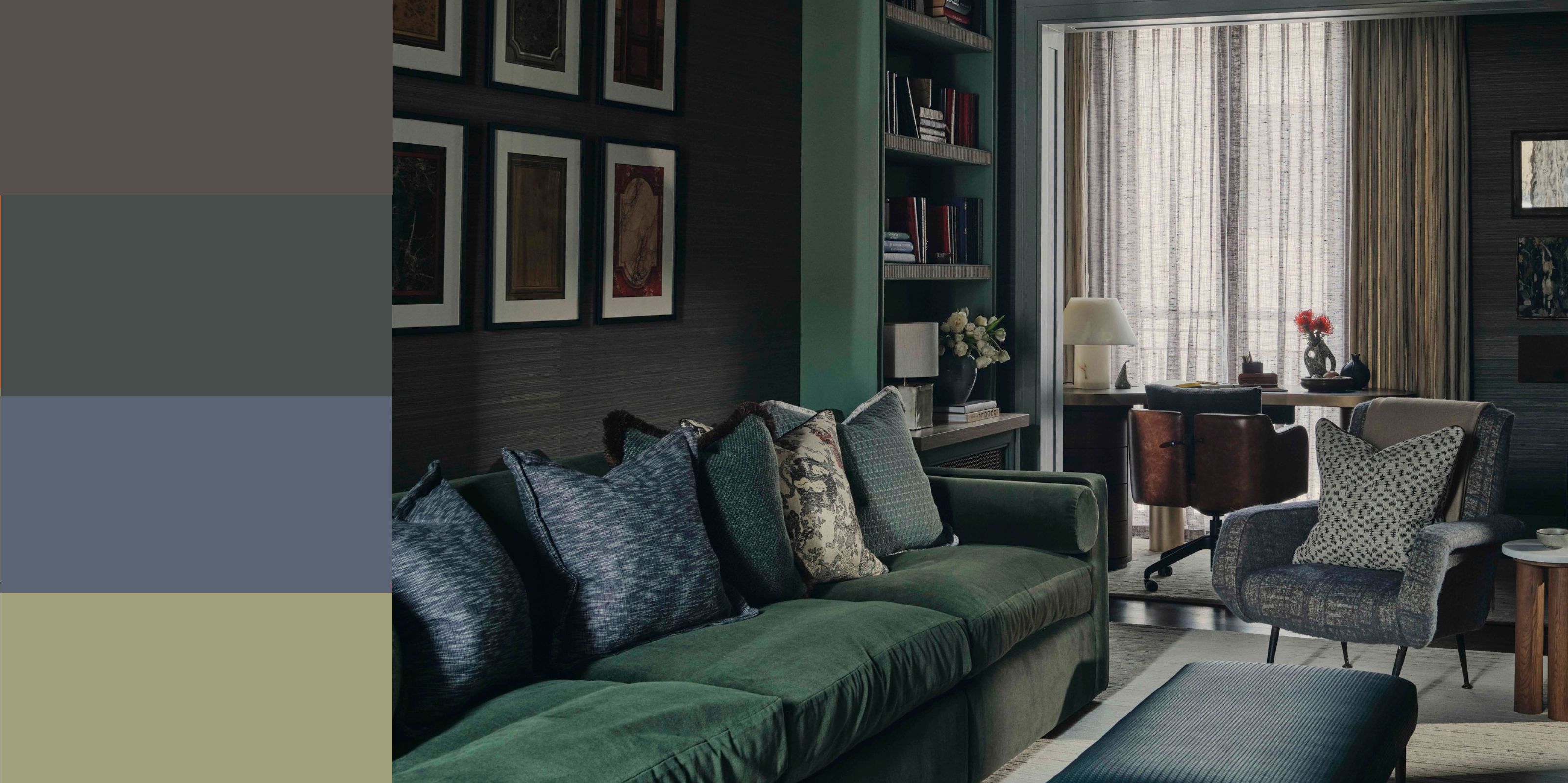 winter color palette in a modern living room, color-drenched in dark green with dark green velvet sofa, dark blue cushions and ottoman, dark-colored sheer curtains, an armchair with a patterned cushion
