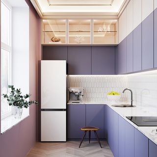Kitchen with fridge and grey cabinet