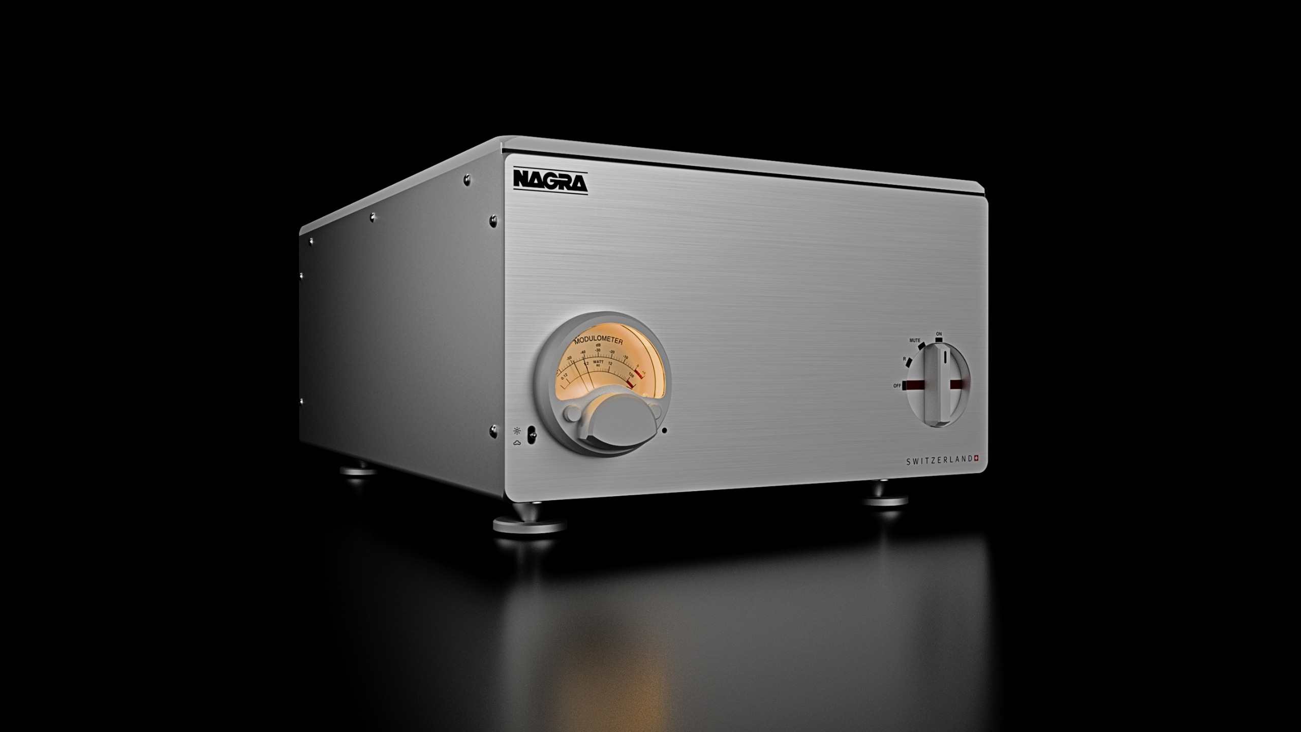 Nagra Amp II-S stereo amplifier in silver on a black background 