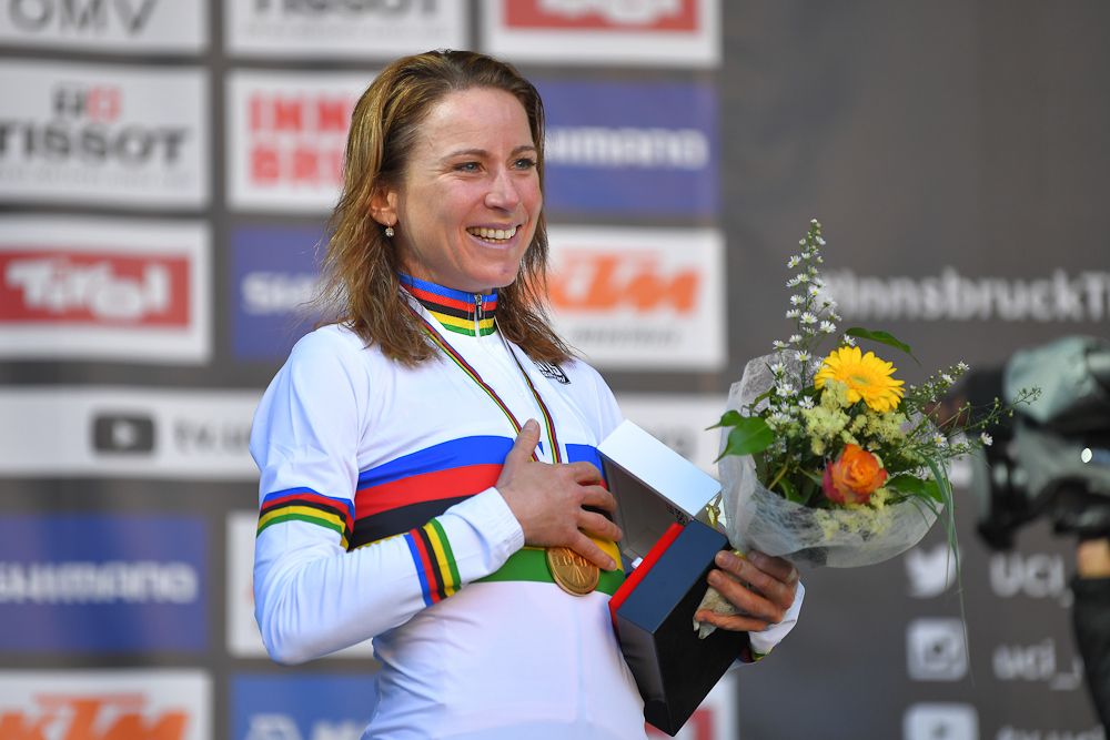 Annemiek Van Vleuten celebrates her second consecutive time trial world title