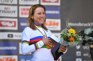 Annemiek Van Vleuten celebrates her second consecutive time trial world title