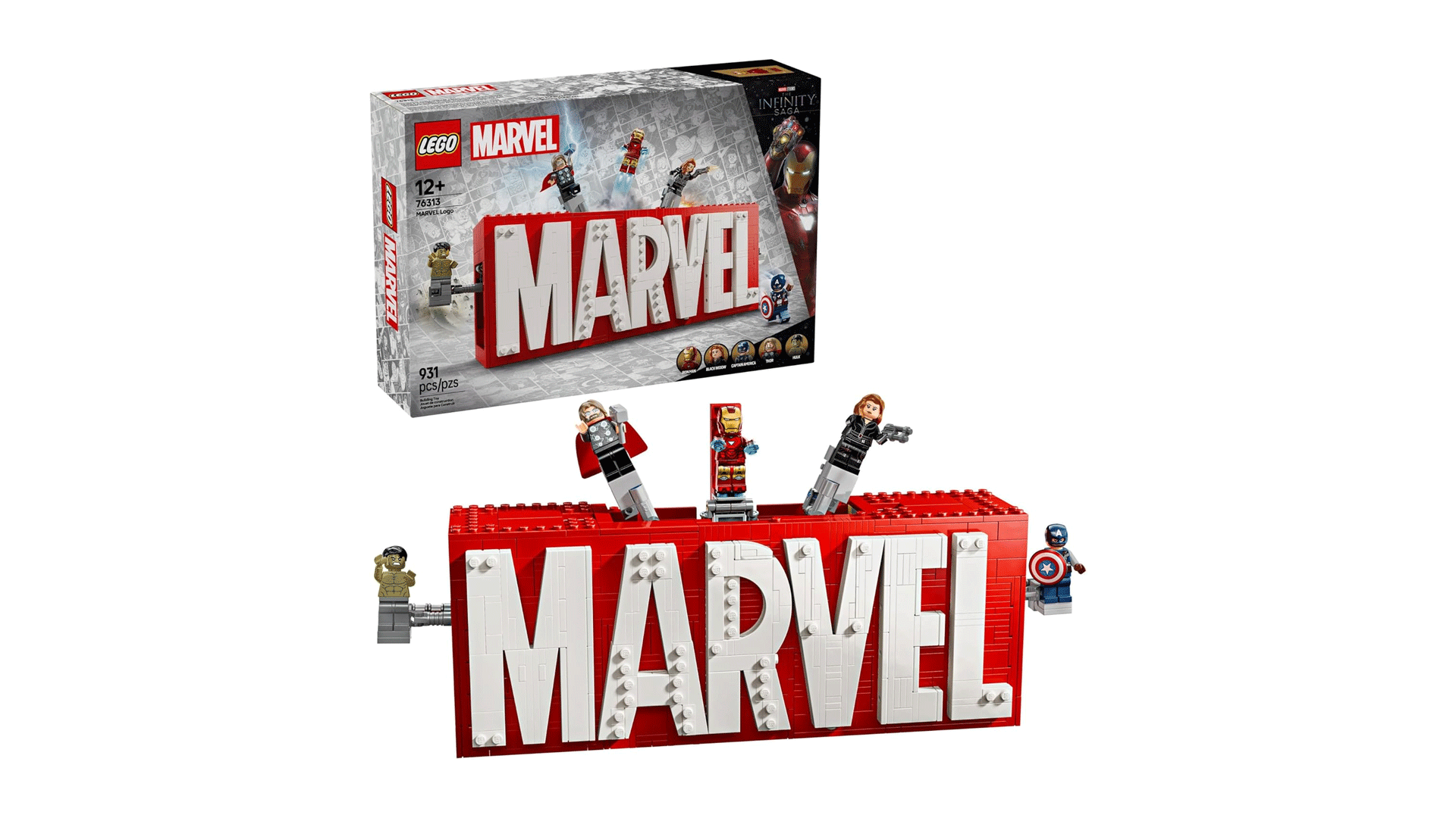 The Lego Marvel sign set with the box behind