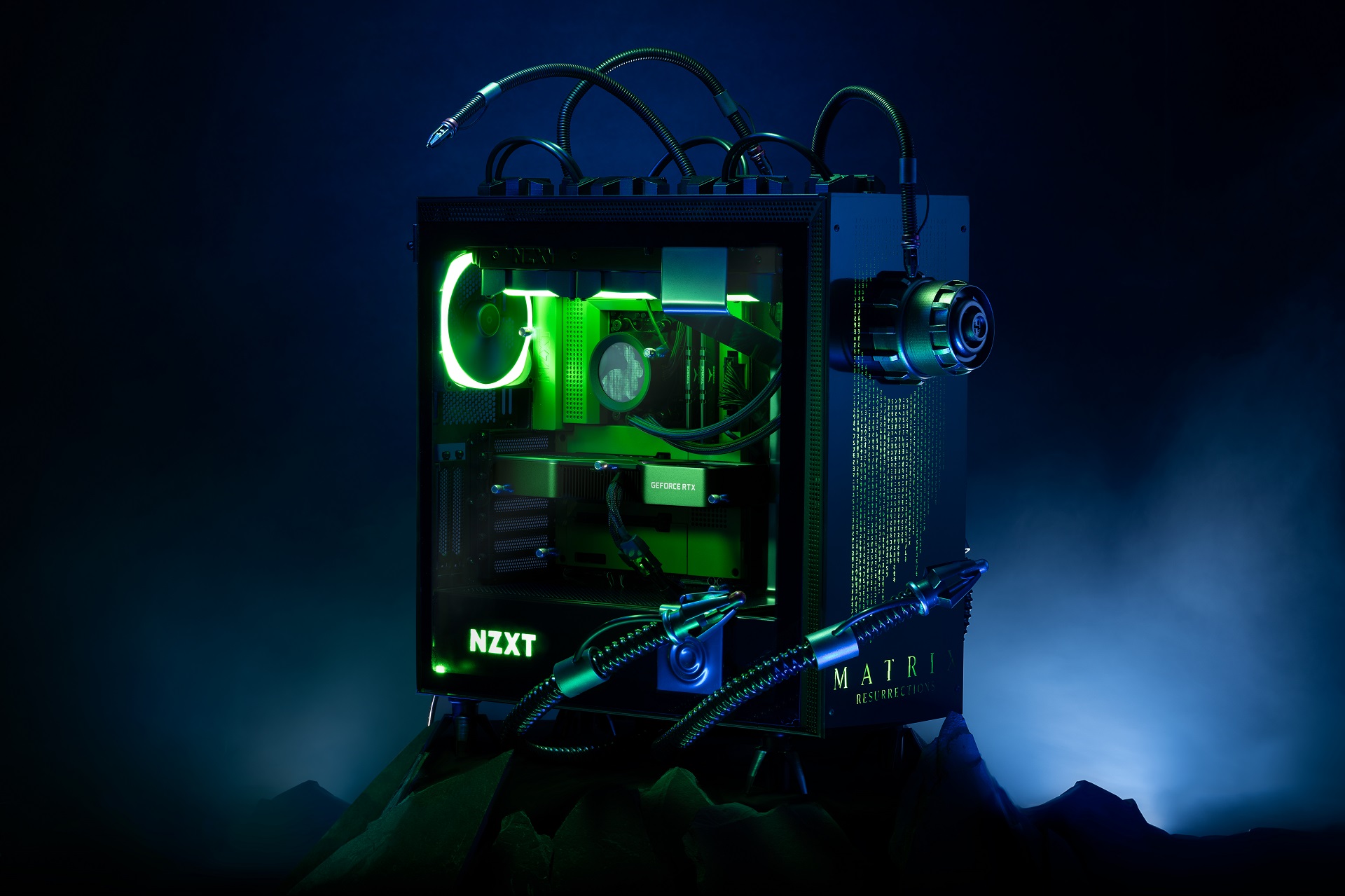 PC build designed after Matrix movie against blue and green backgorund