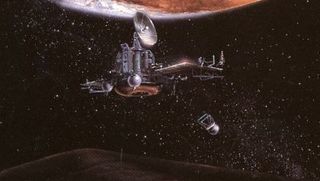 An artist's illustration of the Phobos 2 mission to the Mars moon Phobos launched by the former Soviet Union. It arrived in orbit around Mars on Jan. 29, 1989.