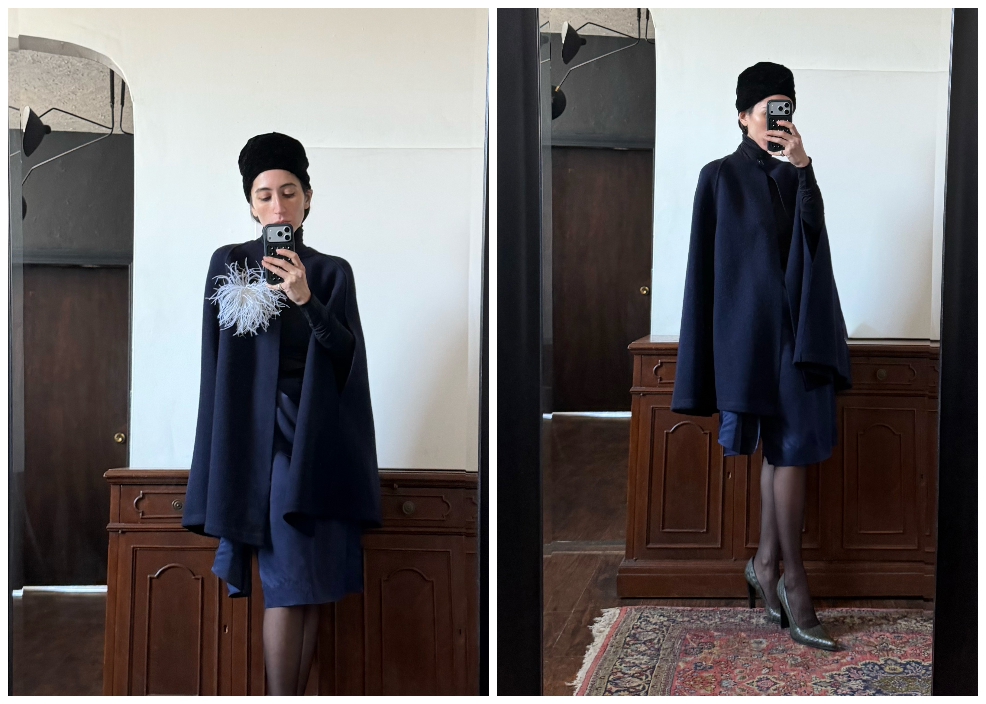 collage of Alexis Badiyi wearing a wool cape
