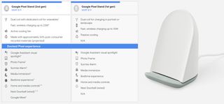 Leaked marketing material for the second generation Google Pixel Stand, listing its features compared to the original and showing an image of the stand in white.