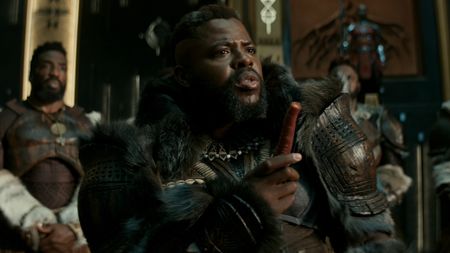 M'Baku (Winston Duke) speaks to the tribal council in Black Panther: Wakanda Forever.