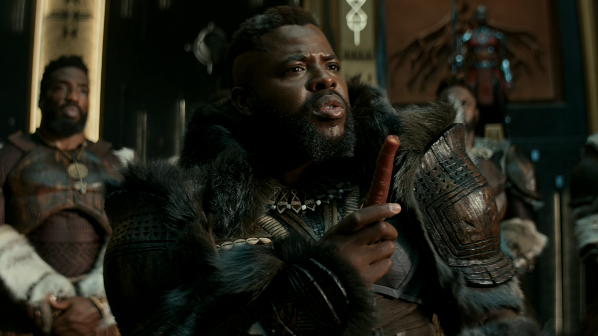 M'Baku (Winston Duke) speaks to the tribal council in Black Panther: Wakanda Forever.