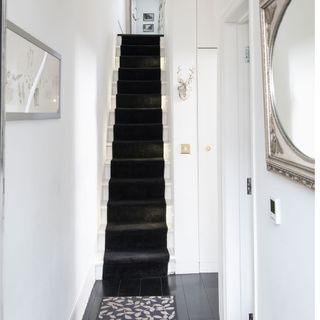 White hallway with stairs carpeted in black