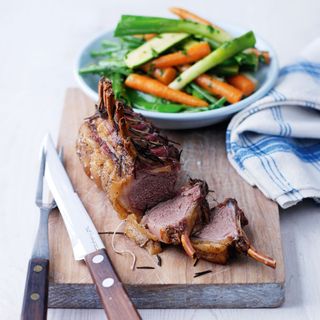 Roast Rack of Lamb with Spring Veg and Hot Herby Dressing