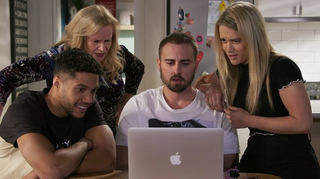 Levi Canning, Sheila Canning, Kyle Cannin and Roxy Willis in Neighbours.