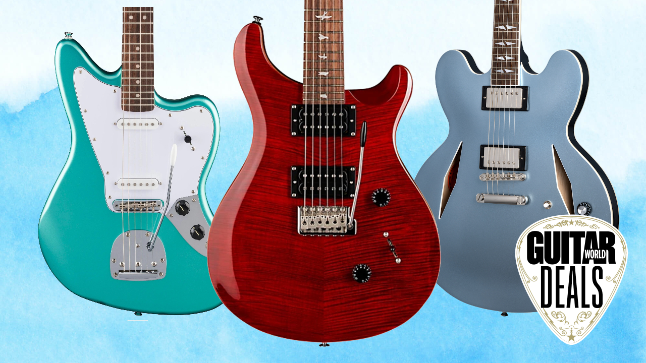 3 electric guitars on a blue and white background