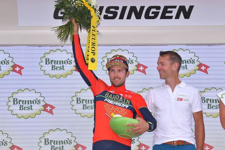 Sonny Colbrelli on the Tour de Suisse podium after winning stage 3